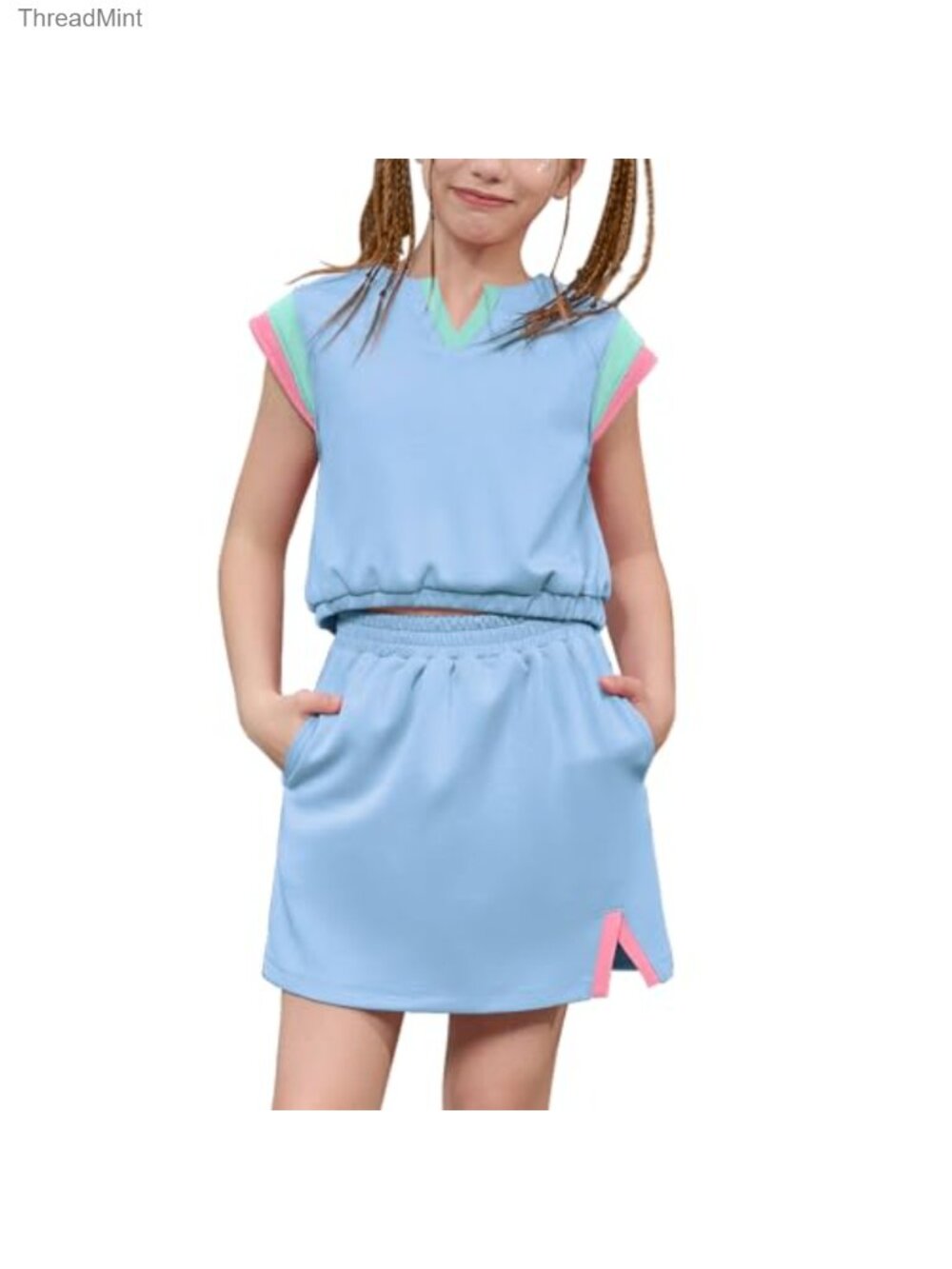 Girls 2-Piece Athletic Skort Set Crop Top Built-in Shorts Colorblock Cap Sleeve